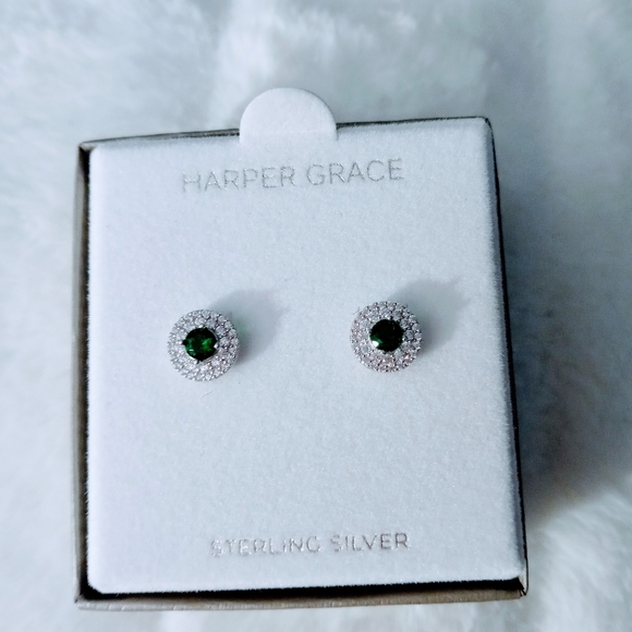 Sterling silver lab created Emerald CZ earrings - Picture 7 of 12